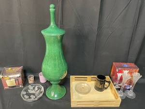 lot 159 image: Green Tall Vase with Lid  Mugs  Candle Holders  Small Wooden Tray  Glass Platter