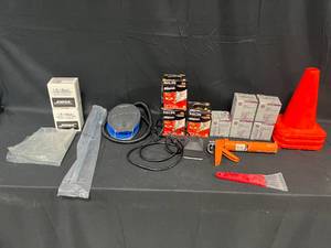 lot 240 image: 3 Orange Cones, IndoorOutdoor Light Bulbs, Caulking Gun, Manual Foot Pump, Scraper & More