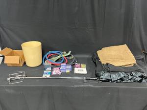 lot 242 image: X2000-Xenon Lights, Air Hoses, Large Rotesserie Parts, Canvas, Trash Can, Blanket & More