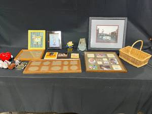 lot 244 image: Lot of Picture Frames Inc Voice Recordable Frame, Framed Picture of Town by Canal, Basket, Swan Votive Holder, Dog Plaques, Sweet 16 Banner & More
