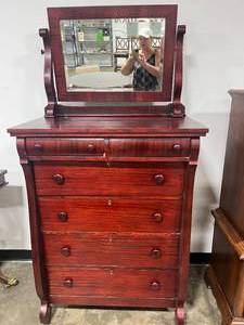 lot 247 image: Antique Stained Wood 6 Drawer Dresser w Mirror