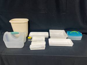 lot 194 image: Lot of Organizing Tools Inc Trash Can, Shower Caddy, Caboodle (with crayon writing), Drawer Organizers & More