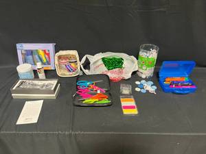 lot 253 image: Crafters Delight Acrylic Glues, String, Earring Wires, Scissors in Container, Central Park Note Cards, Markers, Foam Stickers & More