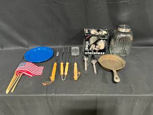 lot 260 image: Camping Utensils, Stainless Steel Percolator in Orig Box, Frying Pan, 2 Plates, Decorative Mini Flags, Covered Glass Jar