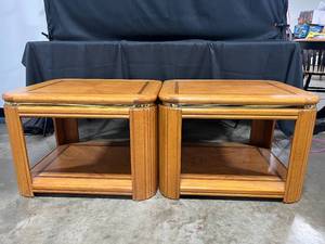 lot 272 image: Nice Pair of VTG Oak End Tables w Gold Tone Trim