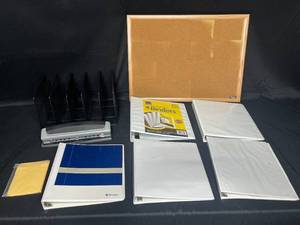 lot 86 image: Corkboard, Various Size 3-Ring Binders, 3-hole Punch and Desktop Wire File Folder Organizer