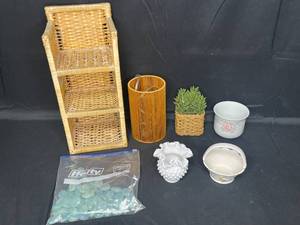 lot 89 image: Nice Home Goods Lot inc. Wall Hanging Shelf, Faux Succulent, Hobnail Milk Glass Small Vase, Otagiri Basket w Handle and Duck, FTD Made in Japan Porcelain Cache Pot and More