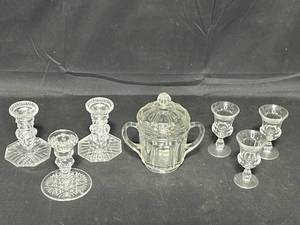 lot 92 image: Pair of Crystal Candle Holders, 1 4.5 Candle Holder, 3 Cordials, VTG Glass Sugar Dish w Lid 7