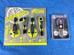 lot 28 image: Brand New Minnesota Vikings Divot Tool & Marker Set and Guidesman 4-pack of zipper tools