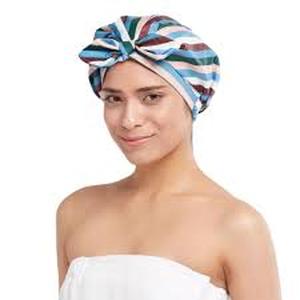 lot 47 image: Set of 3 Room Essentials OSFM Neapolitan Striped Turban Style Shower Cap