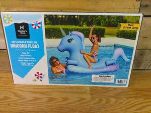 lot 74 image: Members Mark Inflatable Ride On Blue Unicorn Float Over 5 Feet Long