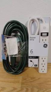 lot 65 image: Set of Philips 15 3-Outlet Grounded Extension Cord Outdoor Green & GE 6 Outlet Power Strip BlackWhite