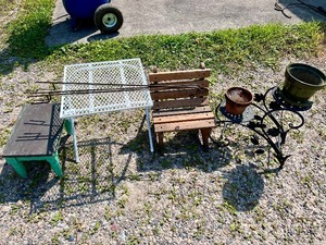 lot 93 image: 3 Plant Hooks with Outdoor Table and Benches