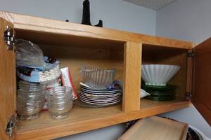 lot 346 image: Contents of Cabinets - Plates, Serving Bowls, Green Depression Glass