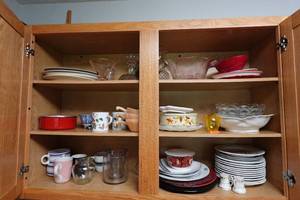 lot 347 image: Contents of Cabinets - Cups, Plates, Fire King Bowls