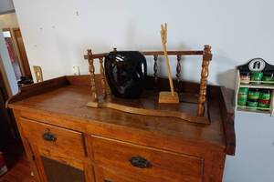 lot 144 image: Solid Wood Kitchen Cabinet with Metal Accents