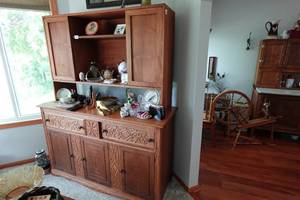 lot 142 image: Wood Hutch with Carved Drawer Fronts