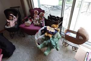 lot 440 image: Porcelain Face Dolls with Buggies, Chair, and Plush Bears