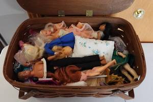 lot 598 image: Craft Basket Filled with Dolls and Accessories