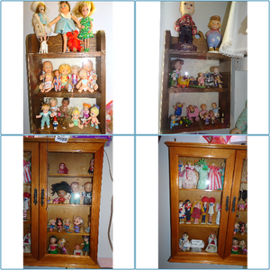 lot 539 image: 3 Wall Hanging Display Cabinets with Dolls - Buddy Lee, Cabbage Patch