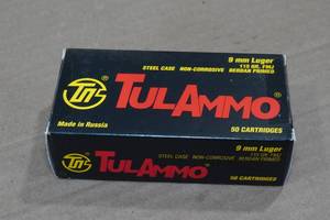 lot 130 image: 50 TulAmmo 9mm Luger 115 Gr FMJ Steel Case Ammo