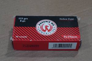 lot 133 image: 50 Phoenix MS 9mm Luger 123 Gr HP Ammo