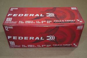 lot 174 image: 100 Federal Field & Target 12 Gauge 2-34 8 Shot Shotshells