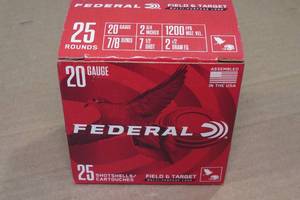 lot 176 image: 25 Federal Field & Target 20 Gauge 2-34 7-12 Shot Shotshells
