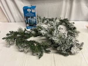 lot 4 image: 8ft Flocked Pine Garland & Twinkling Icicle LED Lights
