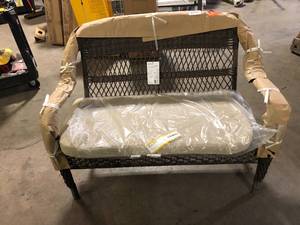 lot 28 image: StyleWell Mix and Match Brown Wicker Outdoor Patio Loveseat with Beige Cushions    Customer Returns See Pictures
