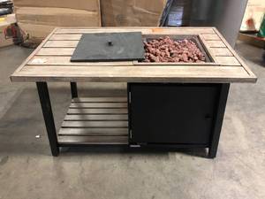 lot 37 image: Hampton Bay Fordham 46 in. W x 26 in. H Rectangular Powder Coated Steel LP Fire Pit Coffee Table in Faux Wood with Lava Rocks  Customer Returns See Pictures