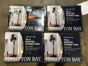 lot 49 image: Lot of Hampton Bay 16 in. 3 Speed Digital Oscillating Standing Fan with Adjustable Height Customer Returns See Pictures