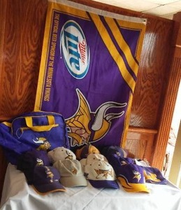lot 77 image: MN Viking Memorabilia, Large Lot. Hats, Bag, Flag And More.