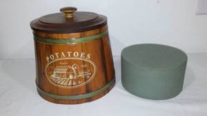 lot 307 image: Potato wood barrel and round wood container.