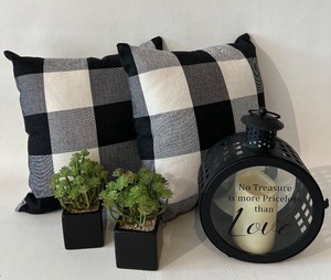 lot 36 image: Black and White Decor including Pillows, Lantern and Faux Plants