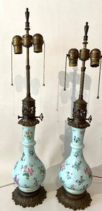 lot 38 image: Vintage Pair of French Floral Porcelain Lamps