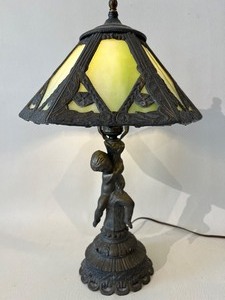 lot 39 image: Antique Spelter Cherub and Green Slag Glass Lamp