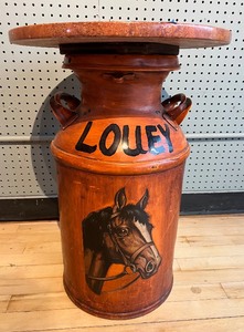 lot 68 image: Vintage Hand Painted LOUEY Horse Milk Can with Marble Top