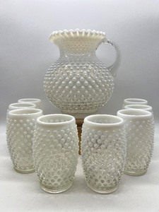 lot 52 image: Vintage FENTON White Ruffle Hobnail Pitcher and 8 Glasses