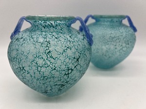 lot 125 image: Pair of Art Glass Vases with Dark Crackle and Applied Handles
