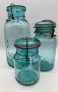 lot 149 image: Trio of Blue BALL Glass Jars with Bails