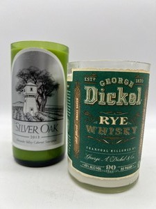 lot 150 image: Artisan Made Soy Candles - Silver Oak Wine Bottle and Dickel Bottle