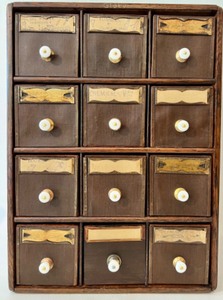 lot 75 image: GLOBE 12 Drawer Vintage Wood Apothecary Cabinet