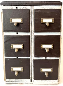 lot 76 image: Antique Black and White 6 Drawer Rustic Wood Apothecary