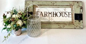 lot 95 image: Farmhouse Sign with Hangers, Wire Caged Jar and Faux Floral