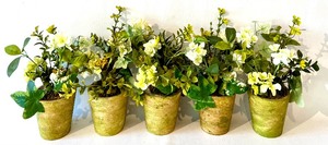 lot 96 image: Faux Yellow Floral Arrangements in Painted Ceramic Pots - QTY 5