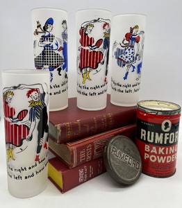 lot 153 image: Vintage FEDERAL GLASS Frosted Square Dancing Glasses, Vintage Books and Repurposed Soy Candle