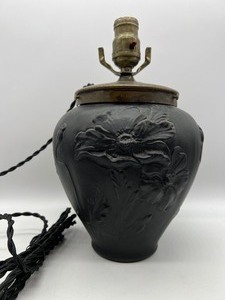 lot 159 image: Antique TIFFIN GLASS Poppy Vase Lamp - Black Satin over Amethyst Glass