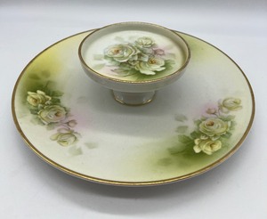 lot 167 image: Vintage ROYAL RUDDLSTADT - Prussia Tiered Porcelain Serving Dish with Hand Painted Floral Design