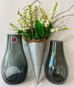 lot 108 image: Handmade in POLAND Smokey Glass Candle Holders - QTY 2 with Hanging Tin Cone Faux Floral